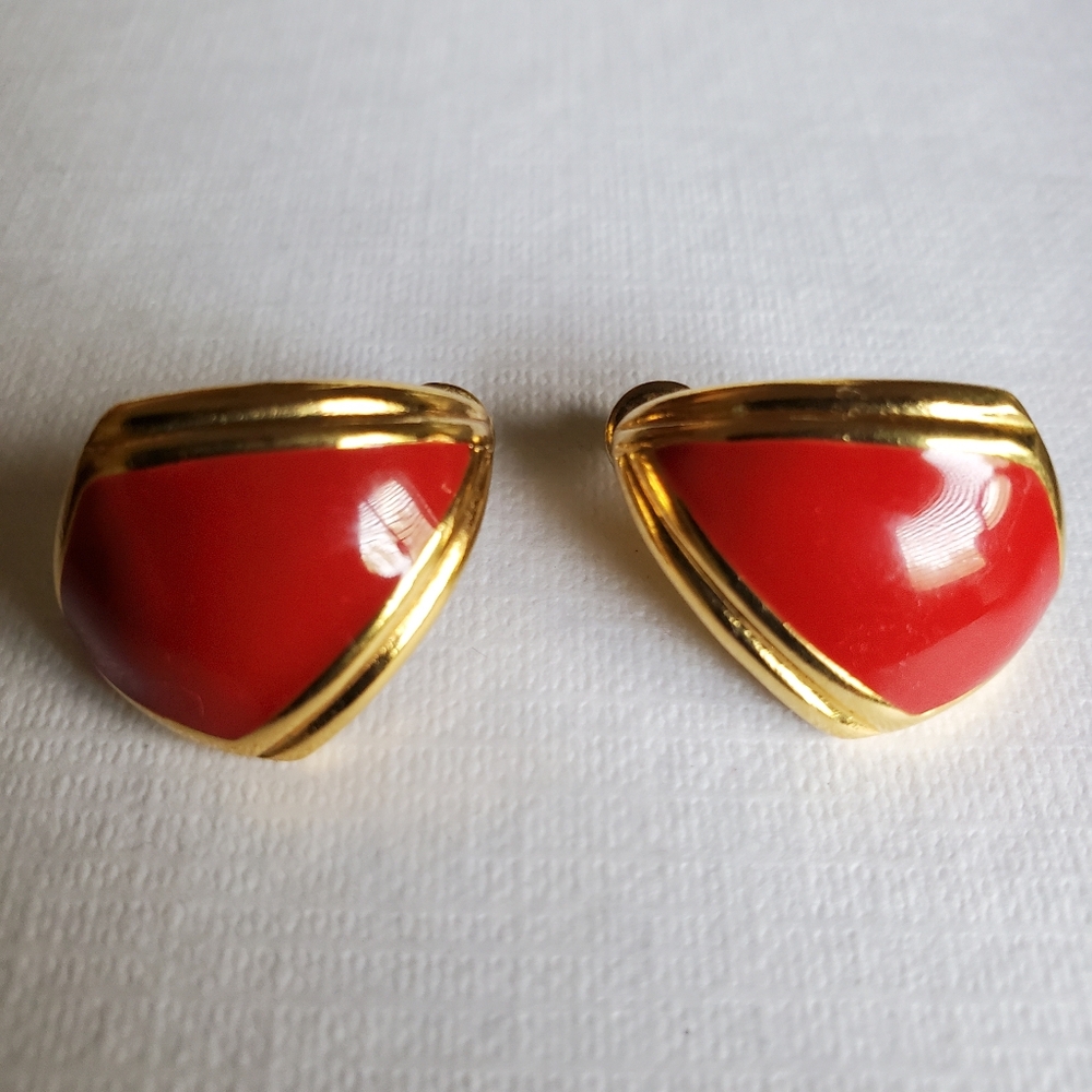 Monet Vintage Red Enamel and Gold Tone Women's Earrings